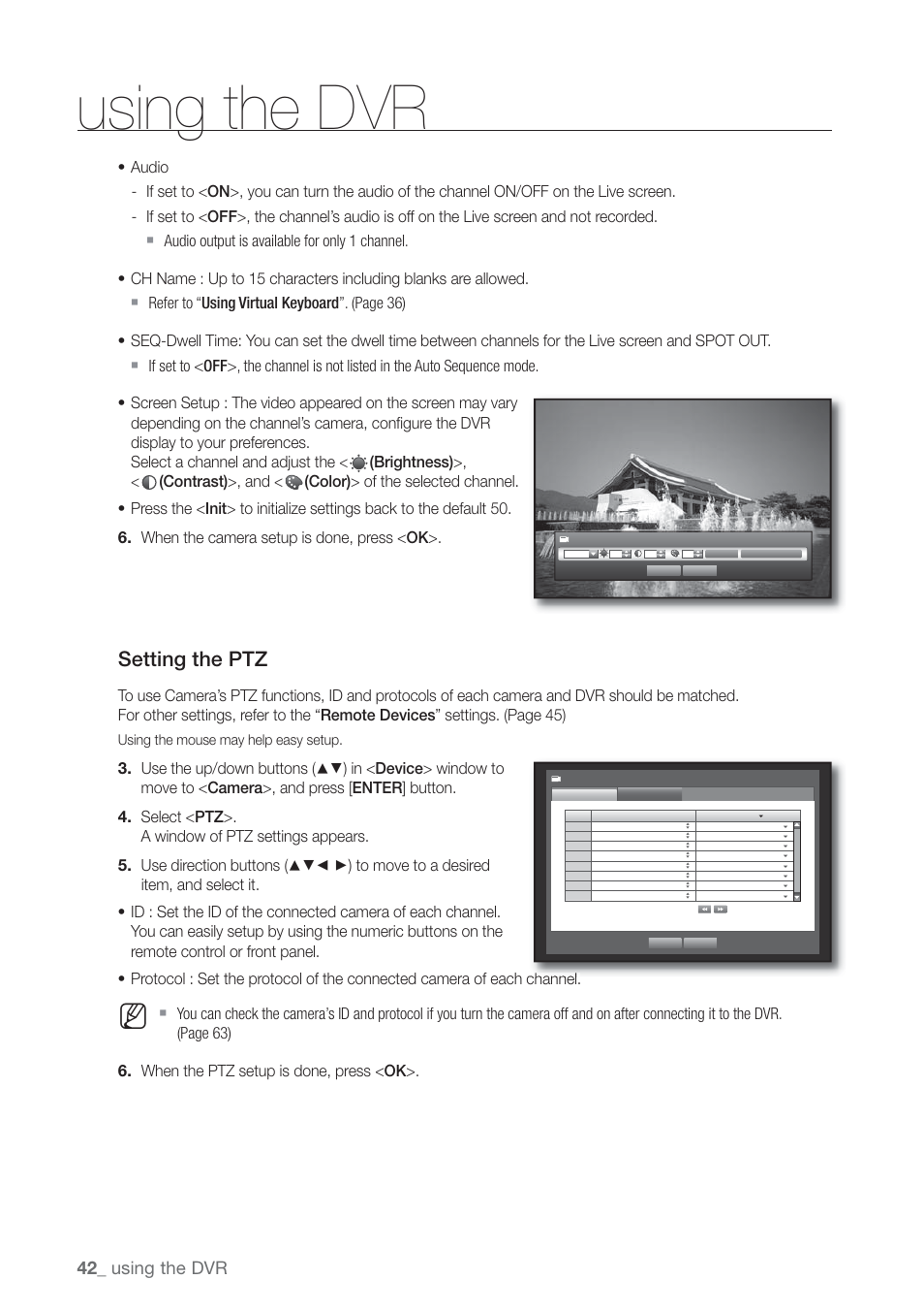 Setting the ptz, Using the dvr | Samsung SHR-7160 User Manual | Page 42 / 120