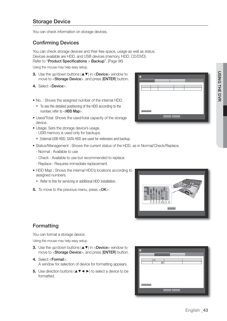 Storage device, Confi rming devices, Formatting | English, Using the dvr, You can check information on storage devices, You can format a storage device | Samsung SHR-7160 User Manual | Page 43 / 120