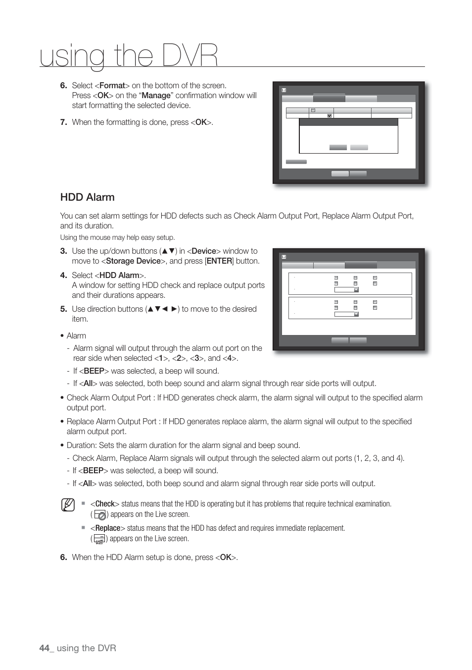 Hdd alarm, Using the dvr | Samsung SHR-7160 User Manual | Page 44 / 120