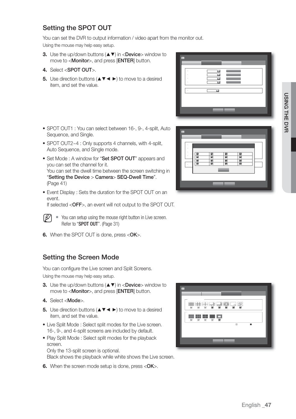 Setting the recording, Setting the spot out, Setting the screen mode | English, Using the dvr, Using the mouse may help easy setup | Samsung SHR-7160 User Manual | Page 47 / 120