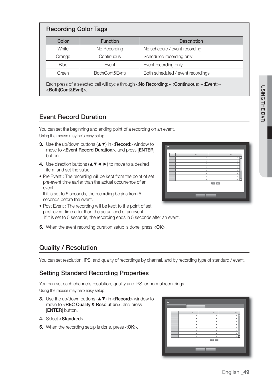 Event record duration, Quality / resolution, Recording color tags | Setting standard recording properties, English, Using the dvr, Using the mouse may help easy setup | Samsung SHR-7160 User Manual | Page 49 / 120