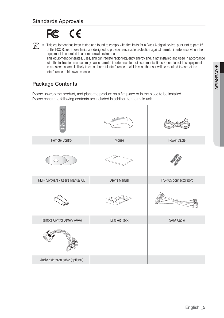 Standards approvals, Package contents | Samsung SHR-7160 User Manual | Page 5 / 120