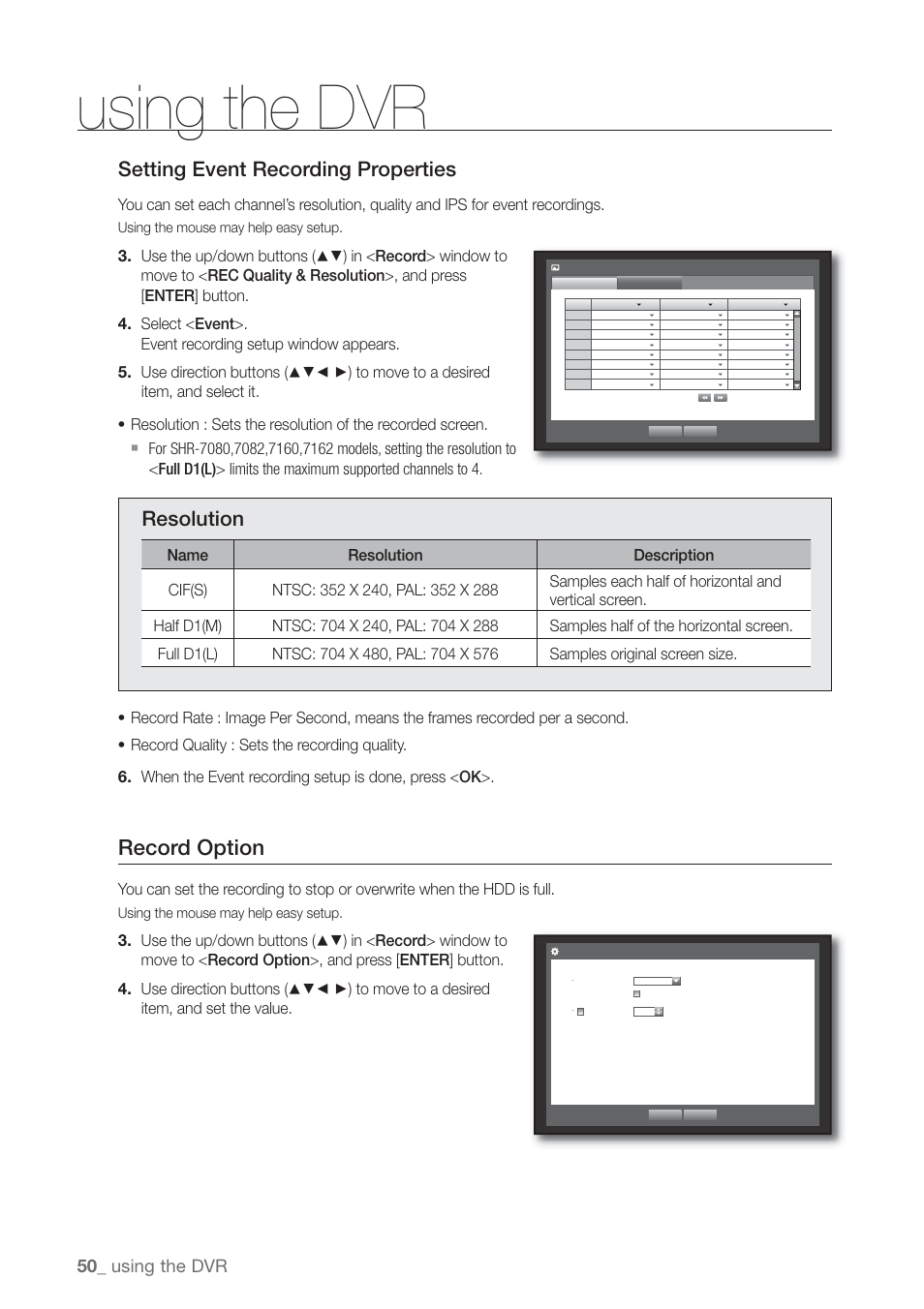 Record option, Setting event recording properties, Resolution | Using the dvr | Samsung SHR-7160 User Manual | Page 50 / 120