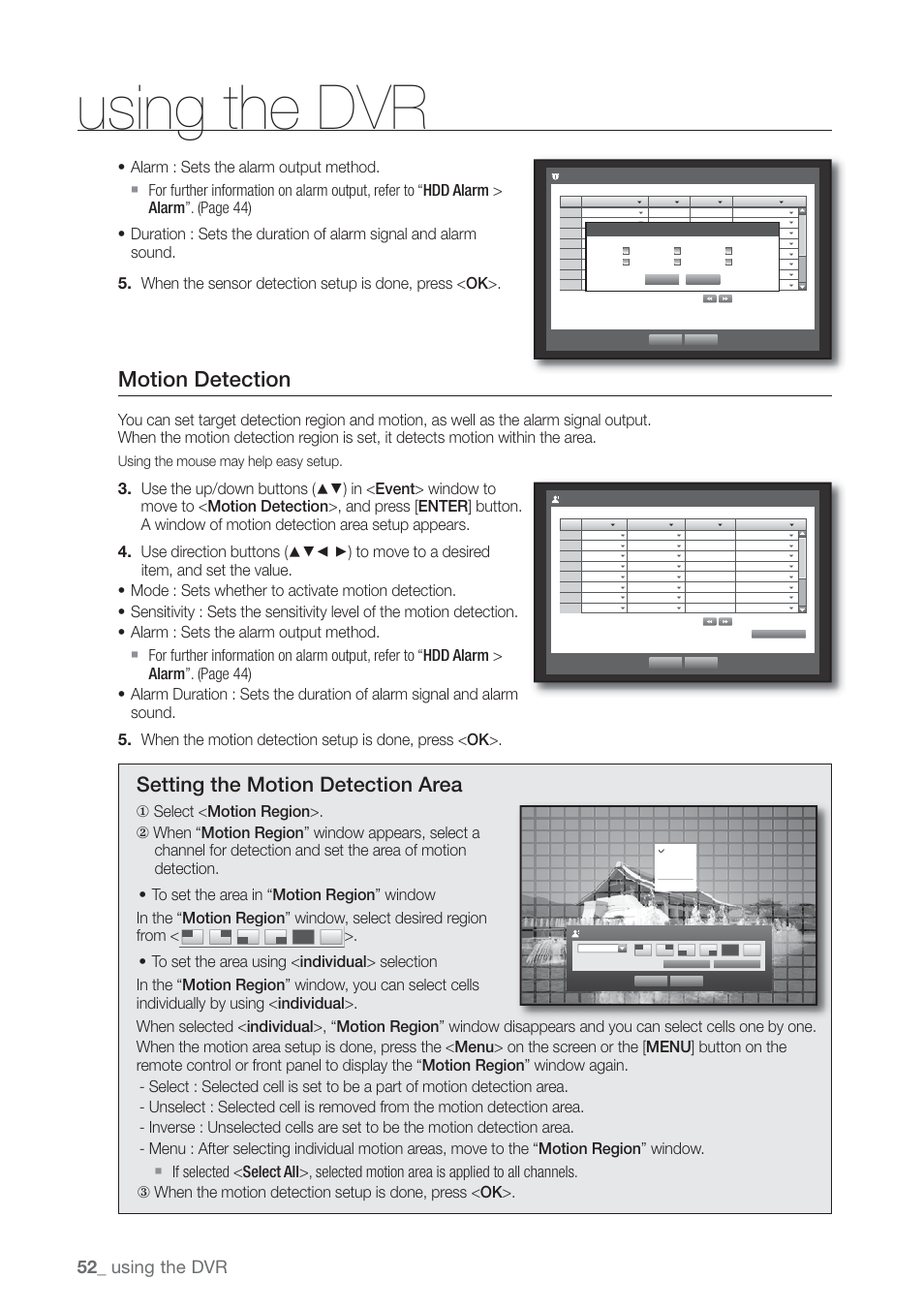 Motion detection, Setting the motion detection area, Using the dvr | Using the mouse may help easy setup | Samsung SHR-7160 User Manual | Page 52 / 120