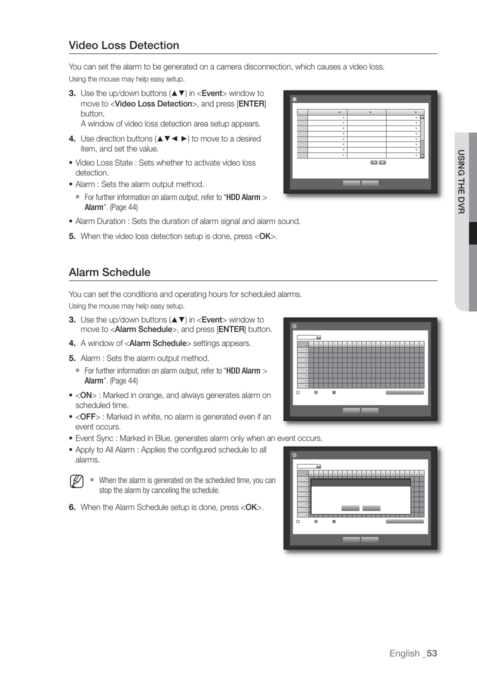 Video loss detection, Alarm schedule, English | Using the dvr, Using the mouse may help easy setup | Samsung SHR-7160 User Manual | Page 53 / 120
