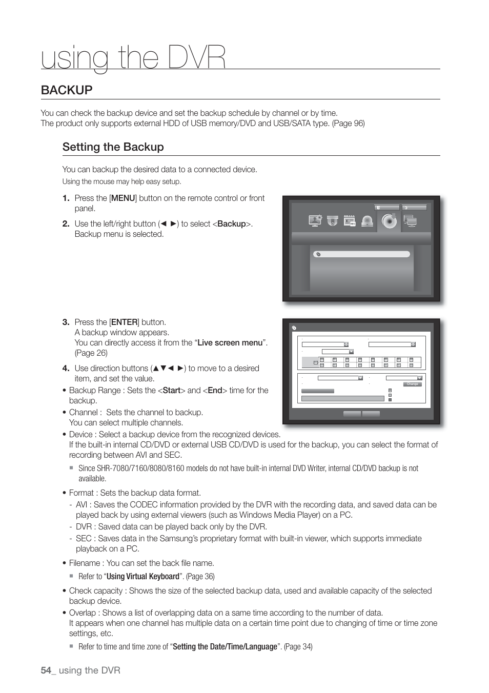 Backup, Setting the backup, Using the dvr | Samsung SHR-7160 User Manual | Page 54 / 120