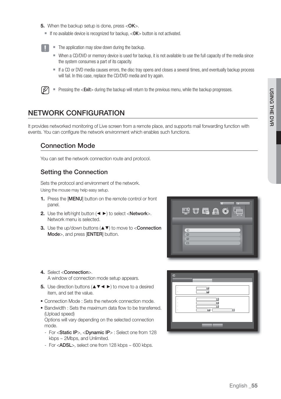 Network configuration, Connection mode, Setting the connection | English | Samsung SHR-7160 User Manual | Page 55 / 120
