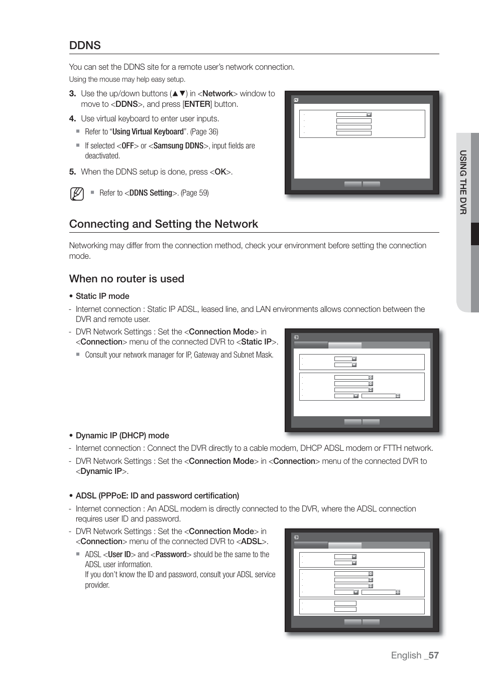 Ddns, Connecting and setting the network, When no router is used | English, Using the dvr | Samsung SHR-7160 User Manual | Page 57 / 120