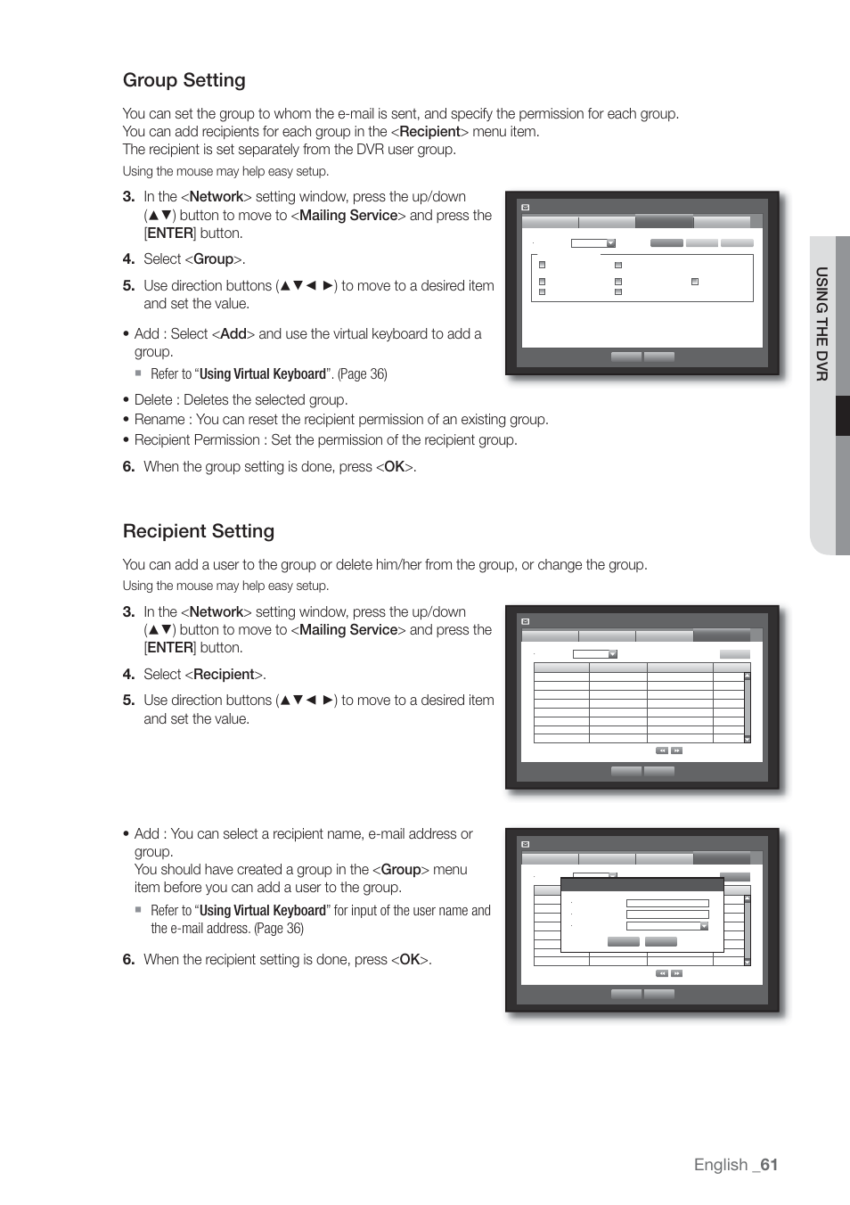 Group setting, Recipient setting, English | Using the dvr | Samsung SHR-7160 User Manual | Page 61 / 120