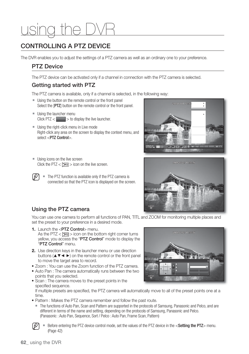 Controlling a ptz device, Ptz device, Getting started with ptz | Using the ptz camera, Using the dvr | Samsung SHR-7160 User Manual | Page 62 / 120