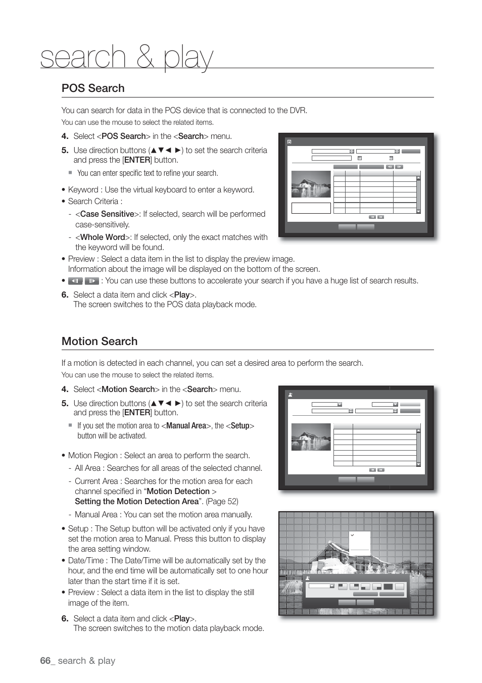 Playback, Pos search, Motion search | Search & play, You can use the mouse to select the related items | Samsung SHR-7160 User Manual | Page 66 / 120