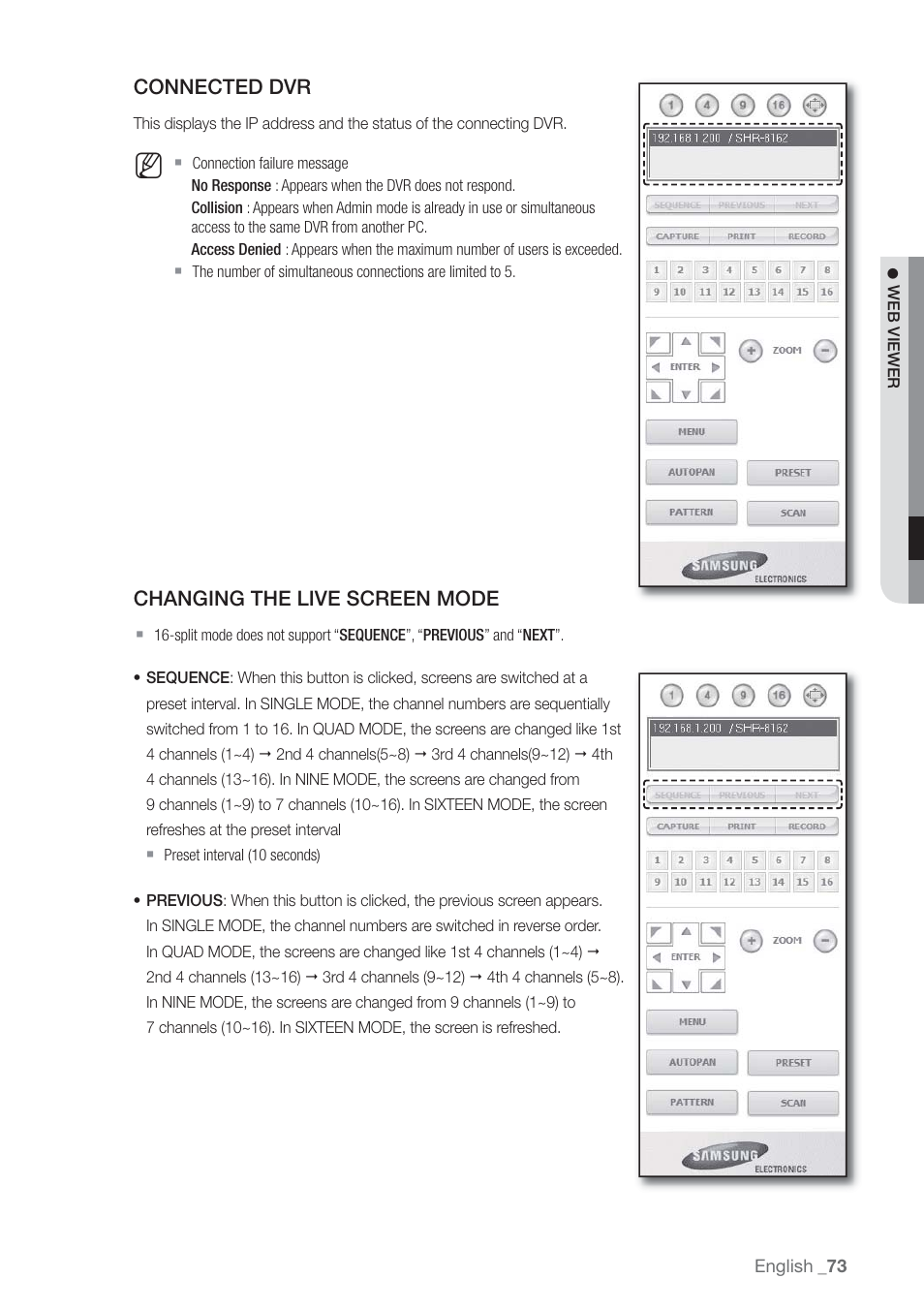 Connected dvr, Changing the live screen mode | Samsung SHR-7160 User Manual | Page 73 / 120