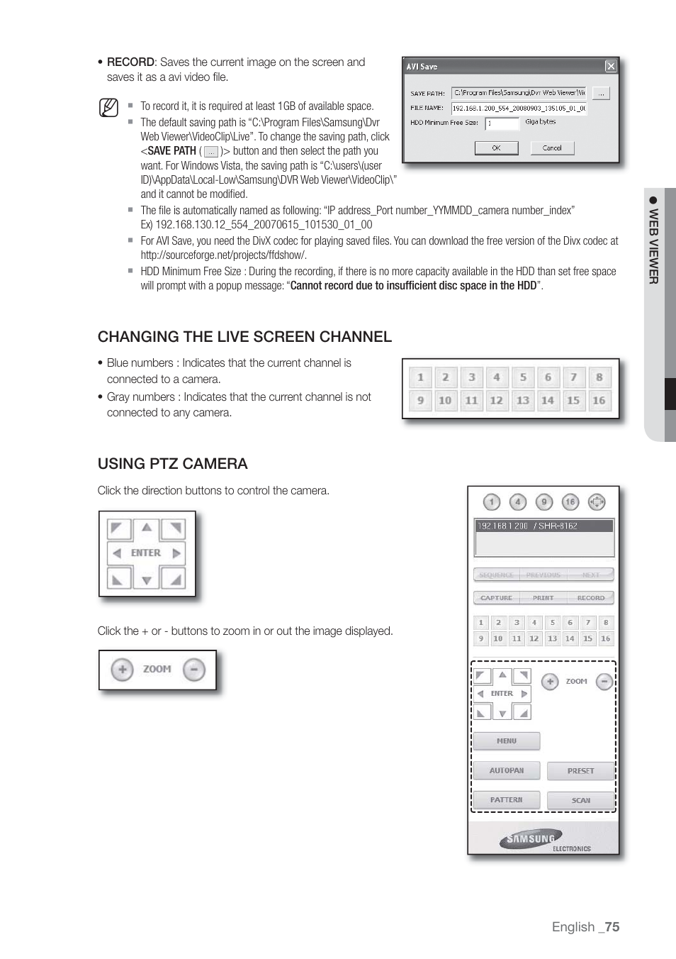 Changing the live screen channel, Using ptz camera | Samsung SHR-7160 User Manual | Page 75 / 120