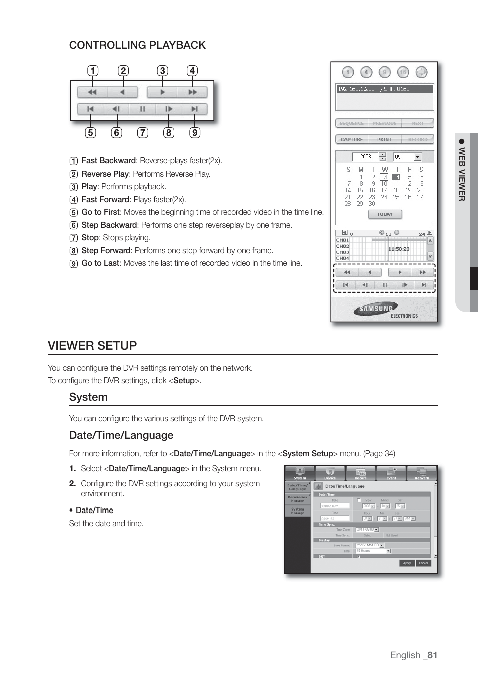 Viewer setup, System, Controlling playback | Date/time/language | Samsung SHR-7160 User Manual | Page 81 / 120