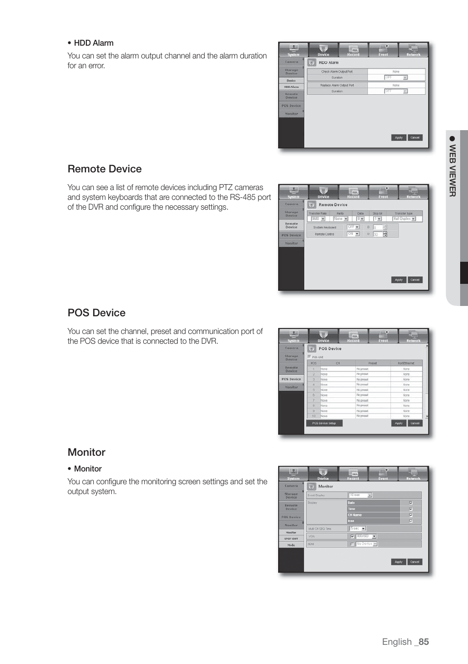 Remote device, Pos device, Monitor | Samsung SHR-7160 User Manual | Page 85 / 120