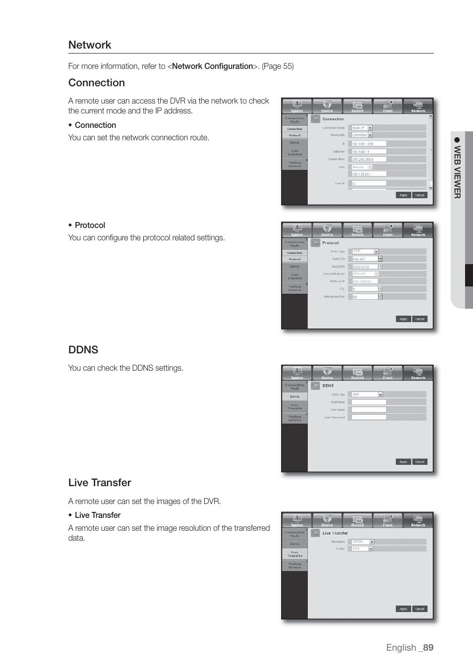 Network, Connection, Ddns | Live transfer | Samsung SHR-7160 User Manual | Page 89 / 120