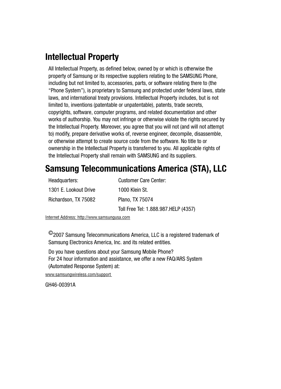 Intellectual property, Samsung telecommunications america (sta), llc | Samsung SCH-i760 User Manual | Page 2 / 191