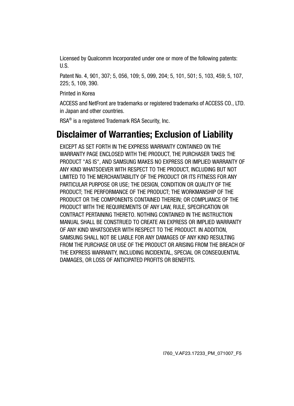 Disclaimer of warranties; exclusion of liability | Samsung SCH-i760 User Manual | Page 3 / 191