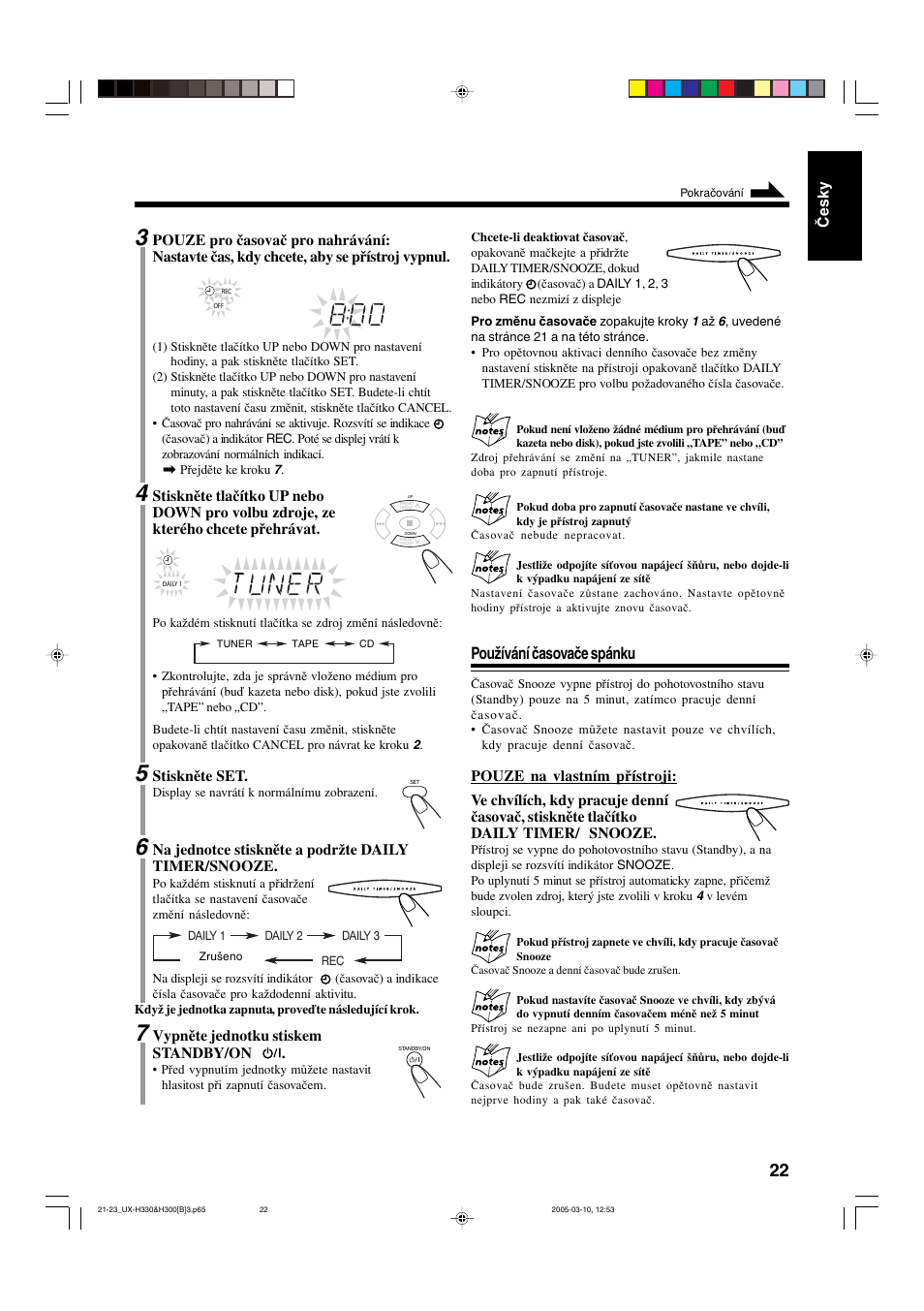 Používání časovače spánku, Česky, Stiskněte set | Na jednotce stiskněte a podržte daily timer/snooze, Vypněte jednotku stiskem standby/on | JVC UX-G3 User Manual | Page 27 / 111