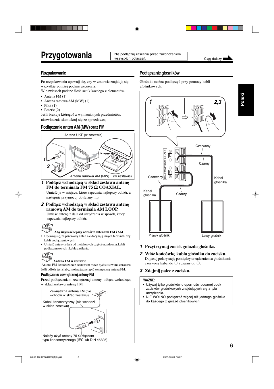 Przygotowania, Rozpakowanie, Podłączanie anten am (mw) oraz fm | Podłączanie głośników, Polski, 3 zdejmij palec z zacisku | JVC UX-G3 User Manual | Page 37 / 111