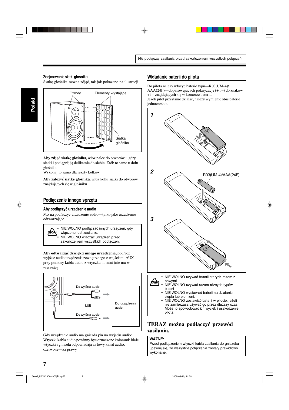 Teraz można podłączyć przewód zasilania, Podłączenie innego sprzętu, Wkładanie baterii do pilota | JVC UX-G3 User Manual | Page 38 / 111
