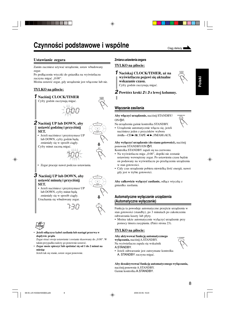 Czynności podstawowe i wspólne, Ustawianie zegara, Włączanie zasilania | Polski, Tylko na pilocie, Naciśnij clock/timer, Powtórz kroki 2 i 3 z lewej kolumny, Zmiana ustawienia zegara | JVC UX-G3 User Manual | Page 39 / 111