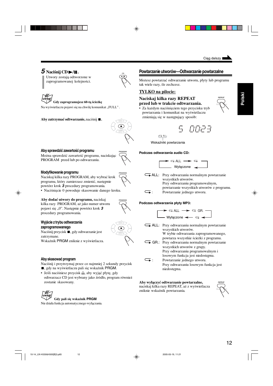 Powtarzanie utworów—odtwarzanie powtarzalne, Polski, Aby sprawdzić zawartość programu | Modyfikowanie programu, Wyjście z trybu odtwarzania zaprogramowanego, Aby skasować program | JVC UX-G3 User Manual | Page 43 / 111