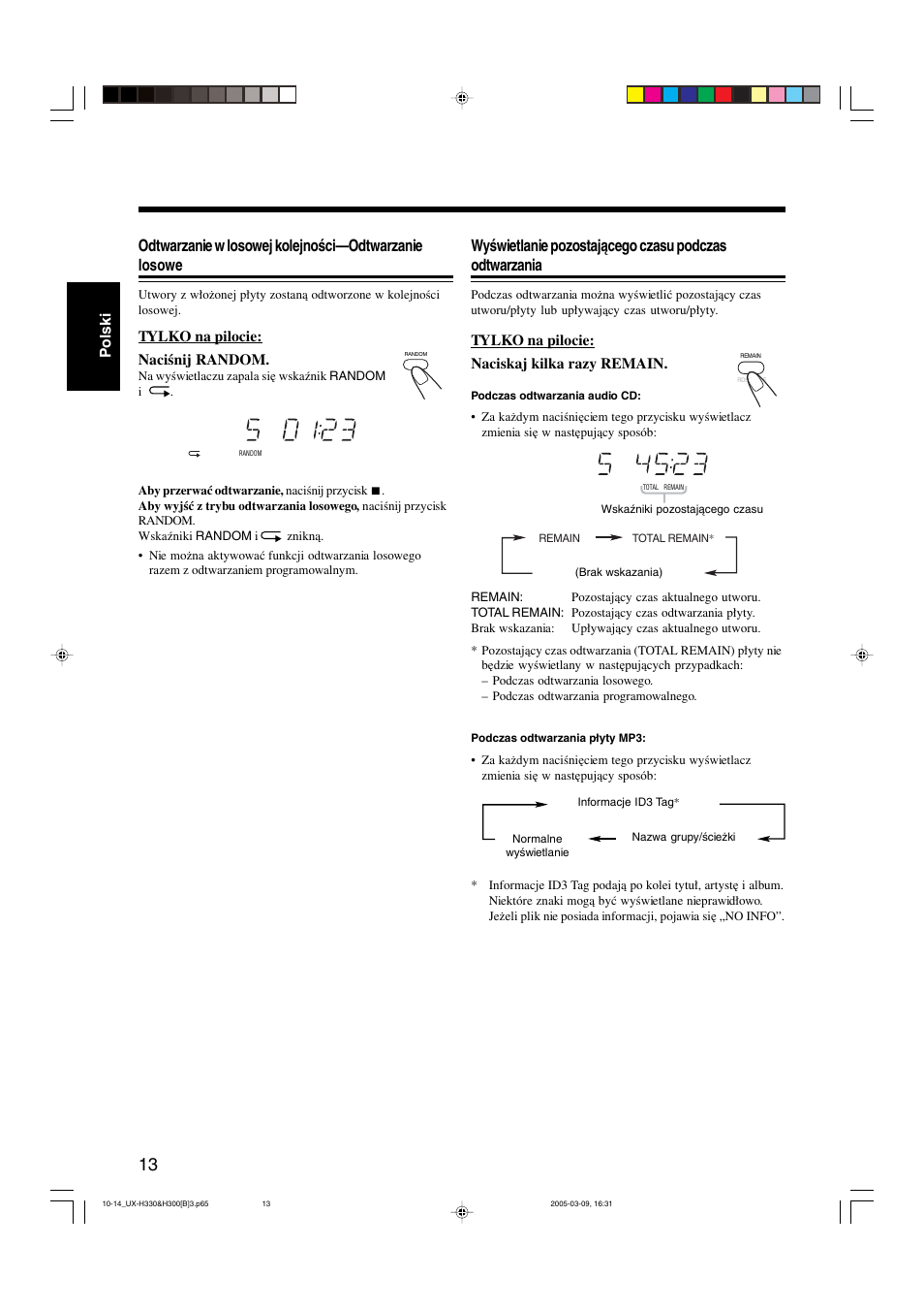 Polski, Tylko na pilocie: naciskaj kilka razy remain, Tylko na pilocie: naciśnij random | JVC UX-G3 User Manual | Page 44 / 111