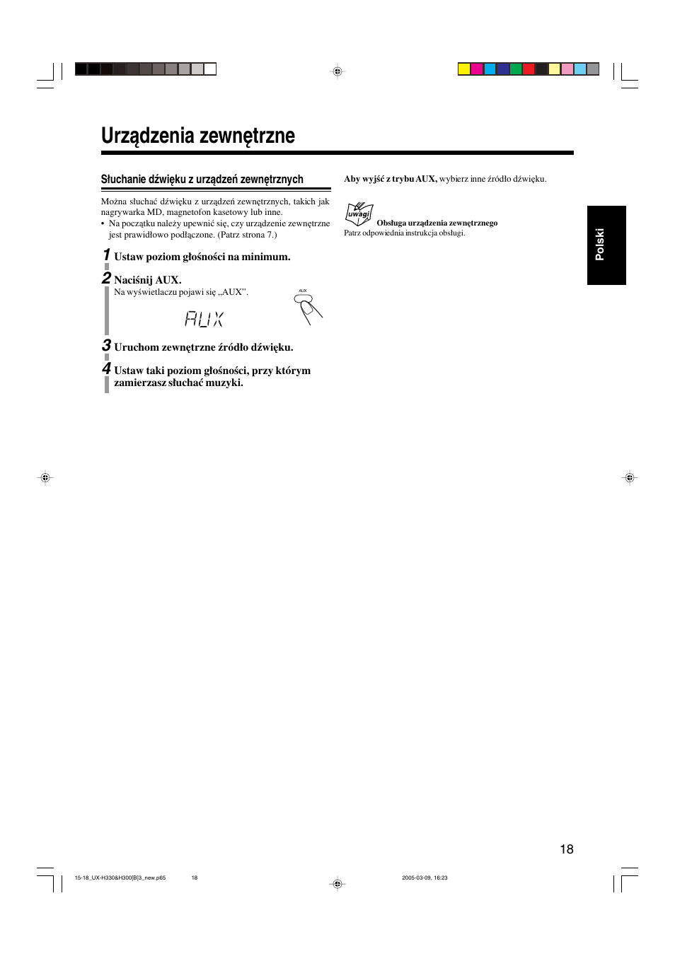Urządzenia zewnętrzne, Słuchanie dźwięku z urządzeń zewnętrznych | JVC UX-G3 User Manual | Page 49 / 111