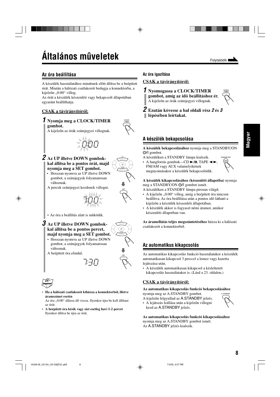 Általános mûveletek, Az óra beállítása, A készülék bekapcsolása | Az automatikus kikapcsolás | JVC UX-G3 User Manual | Page 65 / 111