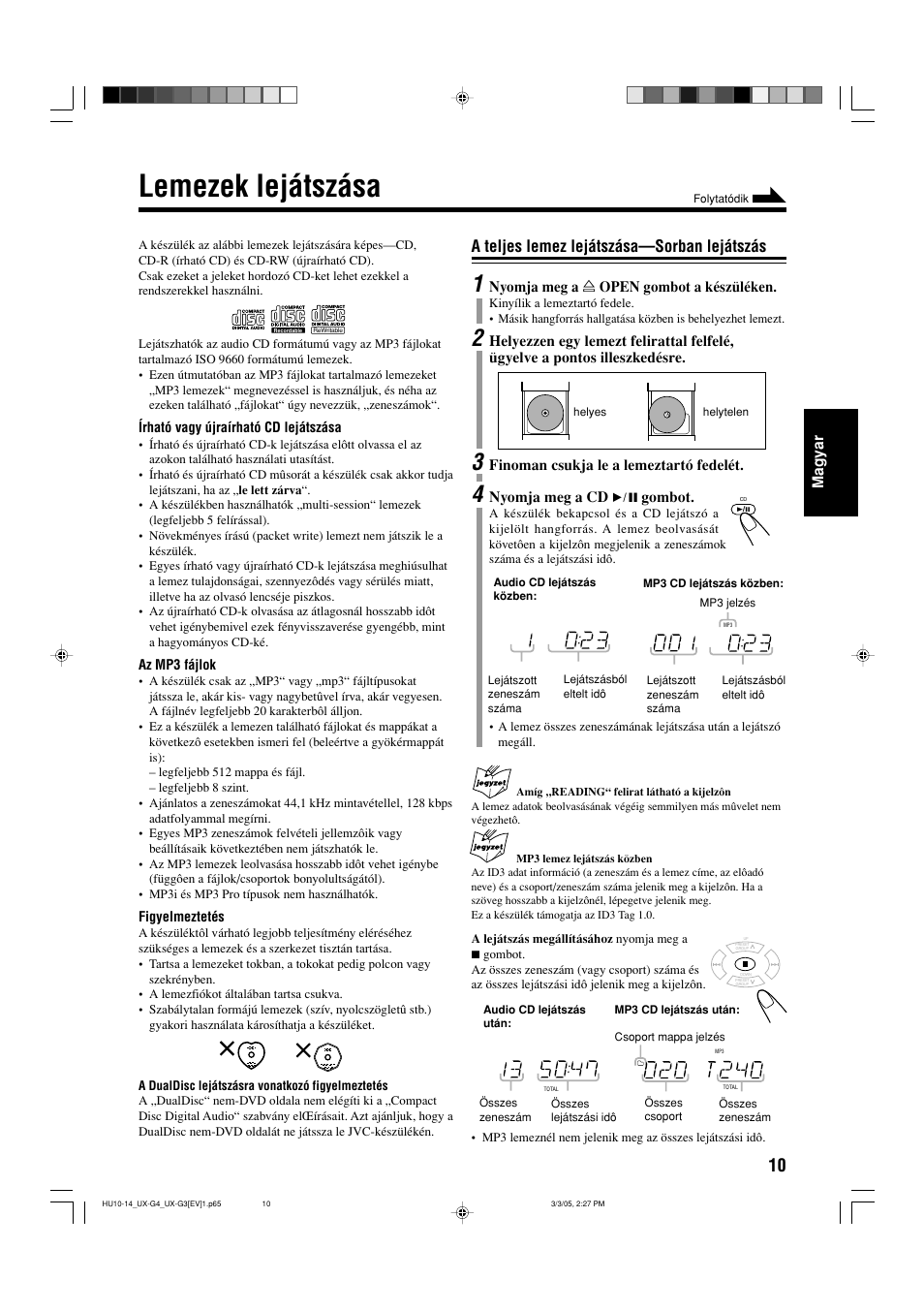 Lemezek lejátszása, A teljes lemez lejátszása—sorban lejátszás | JVC UX-G3 User Manual | Page 67 / 111