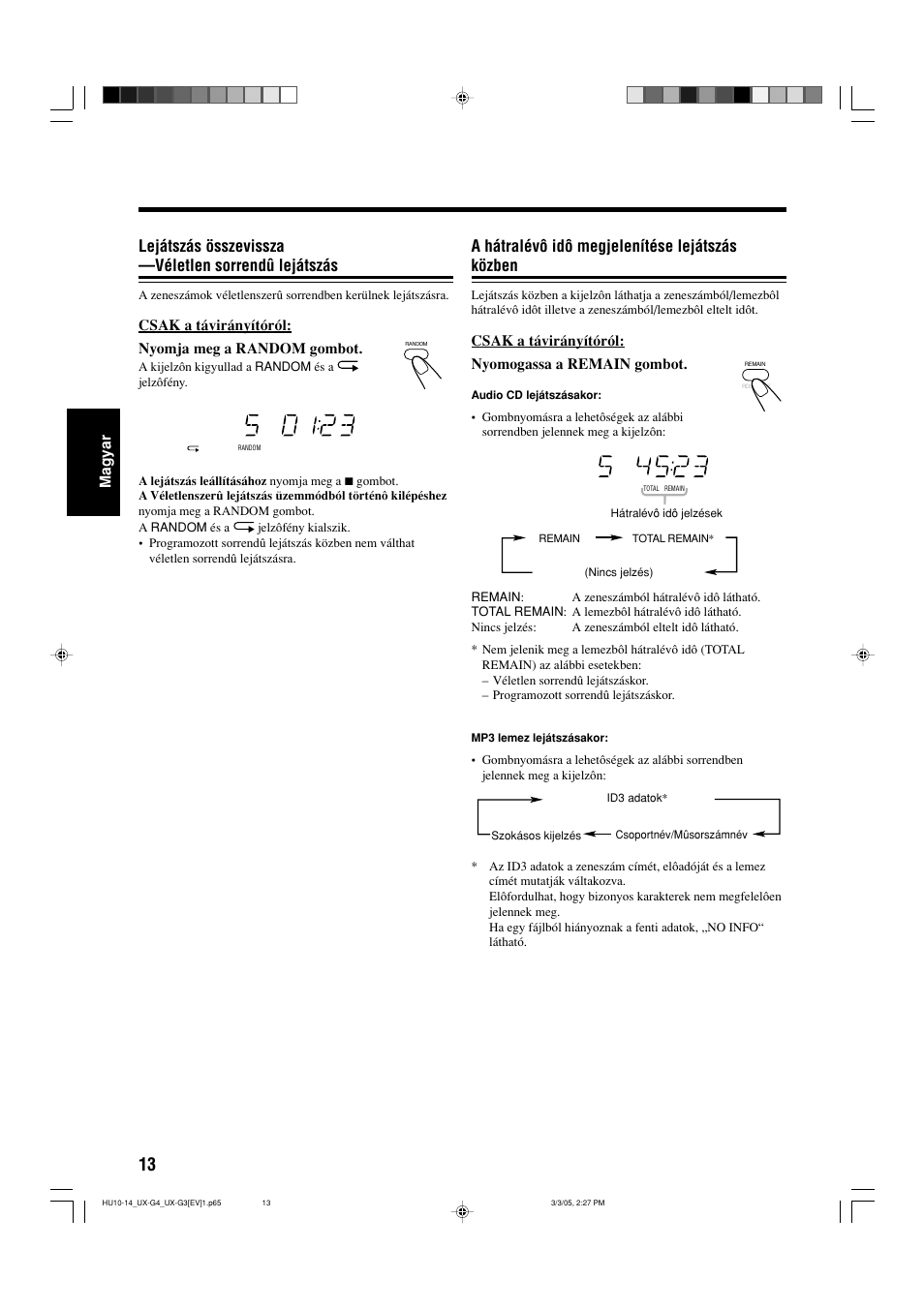 A hátralévô idô megjelenítése lejátszás közben, Lejátszás összevissza —véletlen sorrendû lejátszás | JVC UX-G3 User Manual | Page 70 / 111