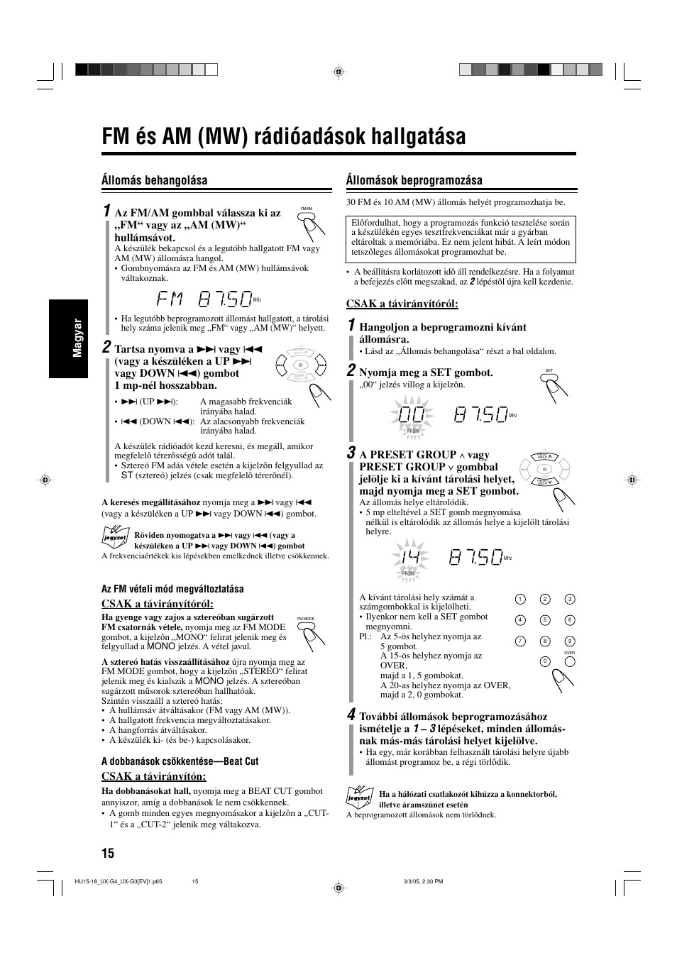 Fm és am (mw) rádióadások hallgatása, Állomás behangolása, Állomások beprogramozása | JVC UX-G3 User Manual | Page 72 / 111