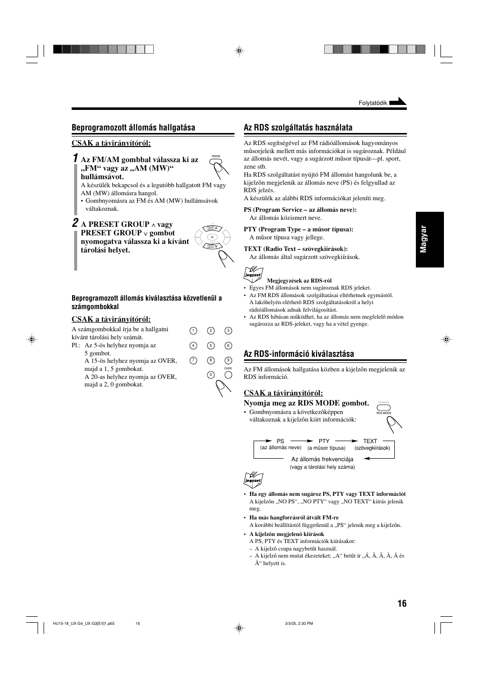 Beprogramozott állomás hallgatása, Az rds szolgáltatás használata, Az rds-információ kiválasztása | Magyar, Csak a távirányítóról | JVC UX-G3 User Manual | Page 73 / 111