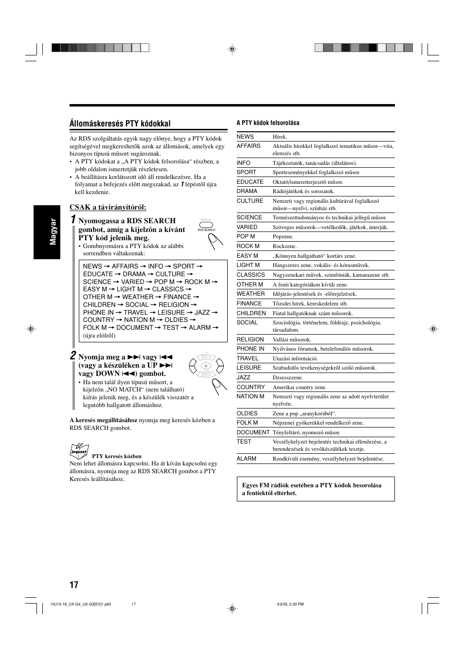Állomáskeresés pty kódokkal | JVC UX-G3 User Manual | Page 74 / 111