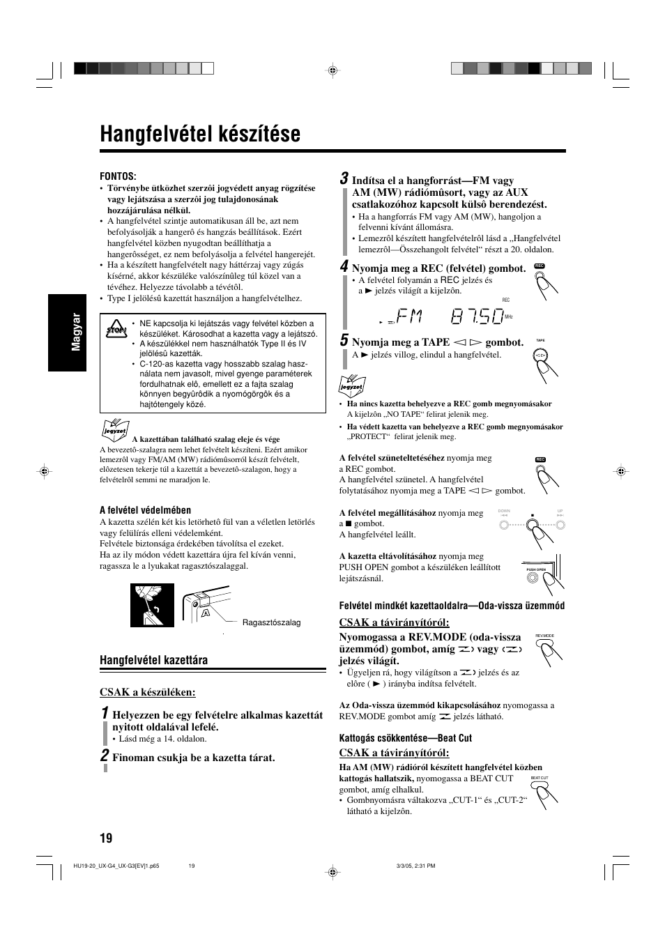 Hangfelvétel készítése, Hangfelvétel kazettára | JVC UX-G3 User Manual | Page 76 / 111