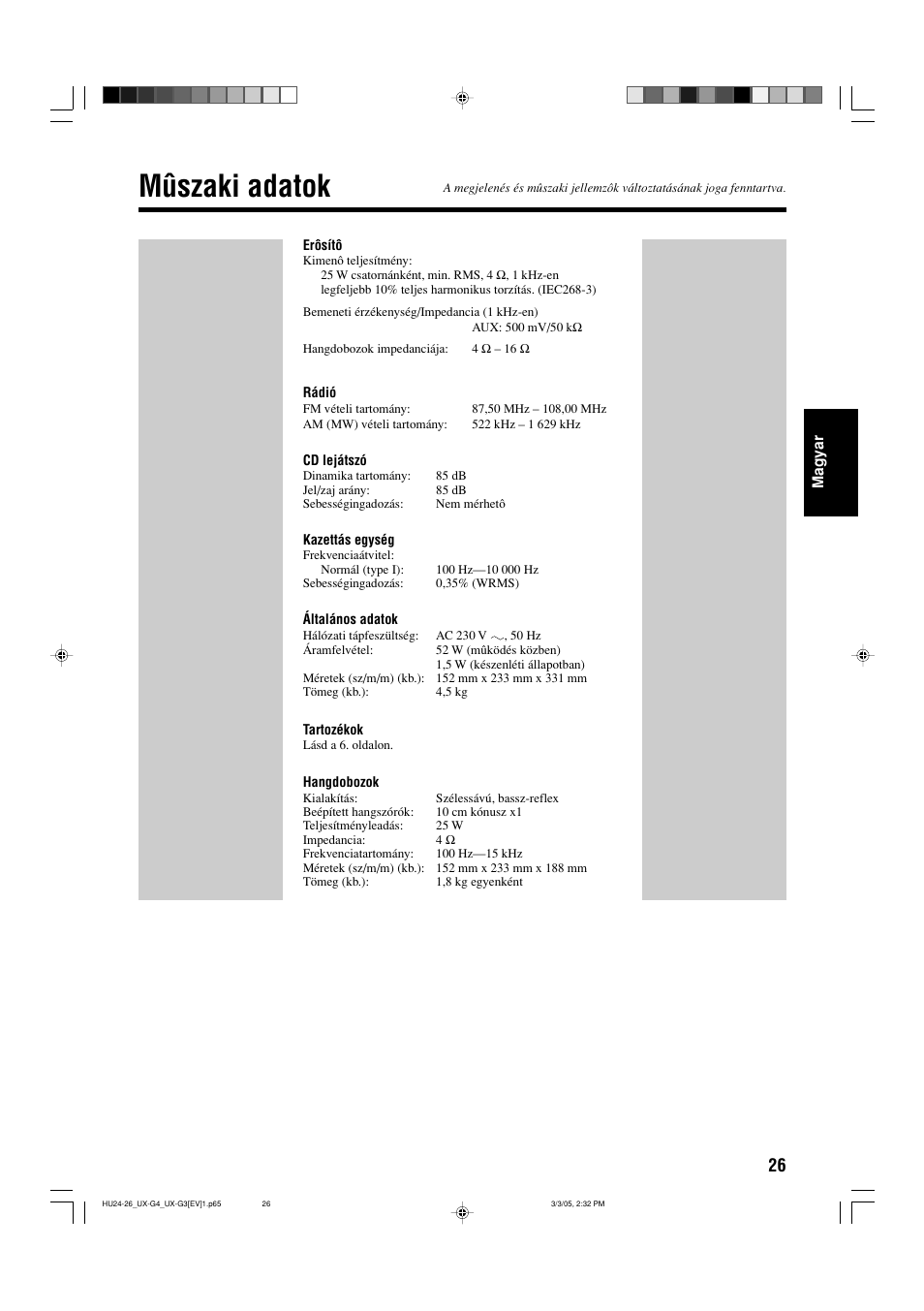 Mûszaki adatok | JVC UX-G3 User Manual | Page 83 / 111