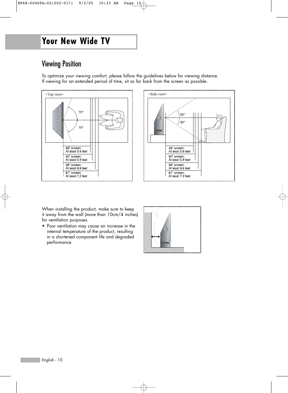 Viewing position, Your new wide tv | Samsung HL-R6167W User Manual | Page 10 / 136
