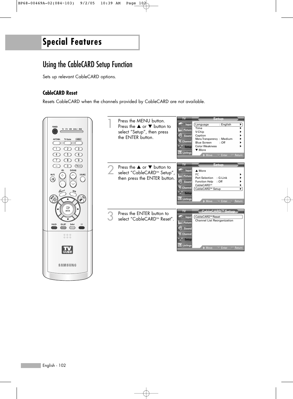 Using the cablecard setup function, Cablecard reset, Special features | Samsung HL-R6167W User Manual | Page 102 / 136