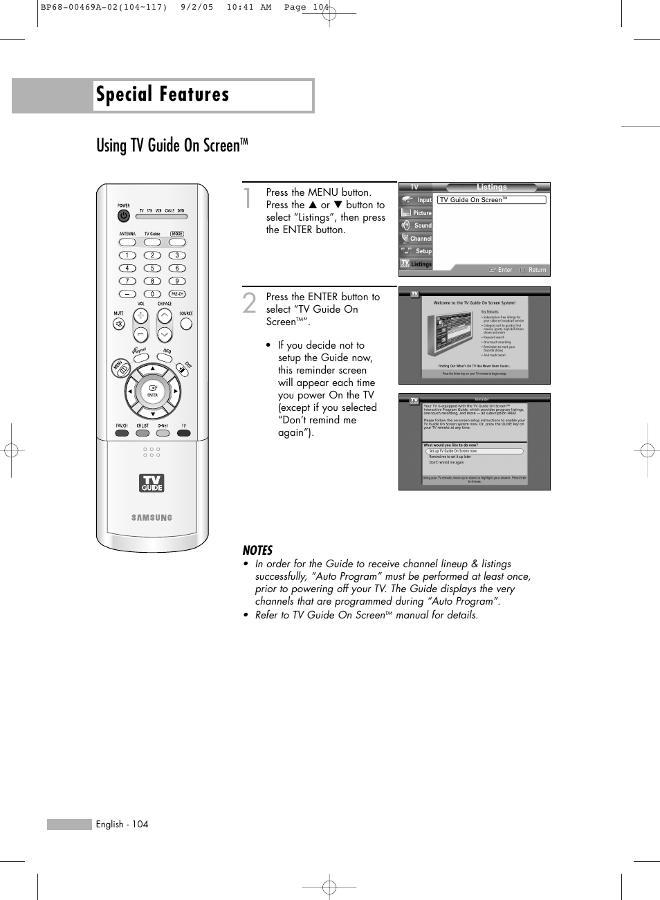 Using tv guide on screentm, Special features, Using tv guide on screen | Samsung HL-R6167W User Manual | Page 104 / 136