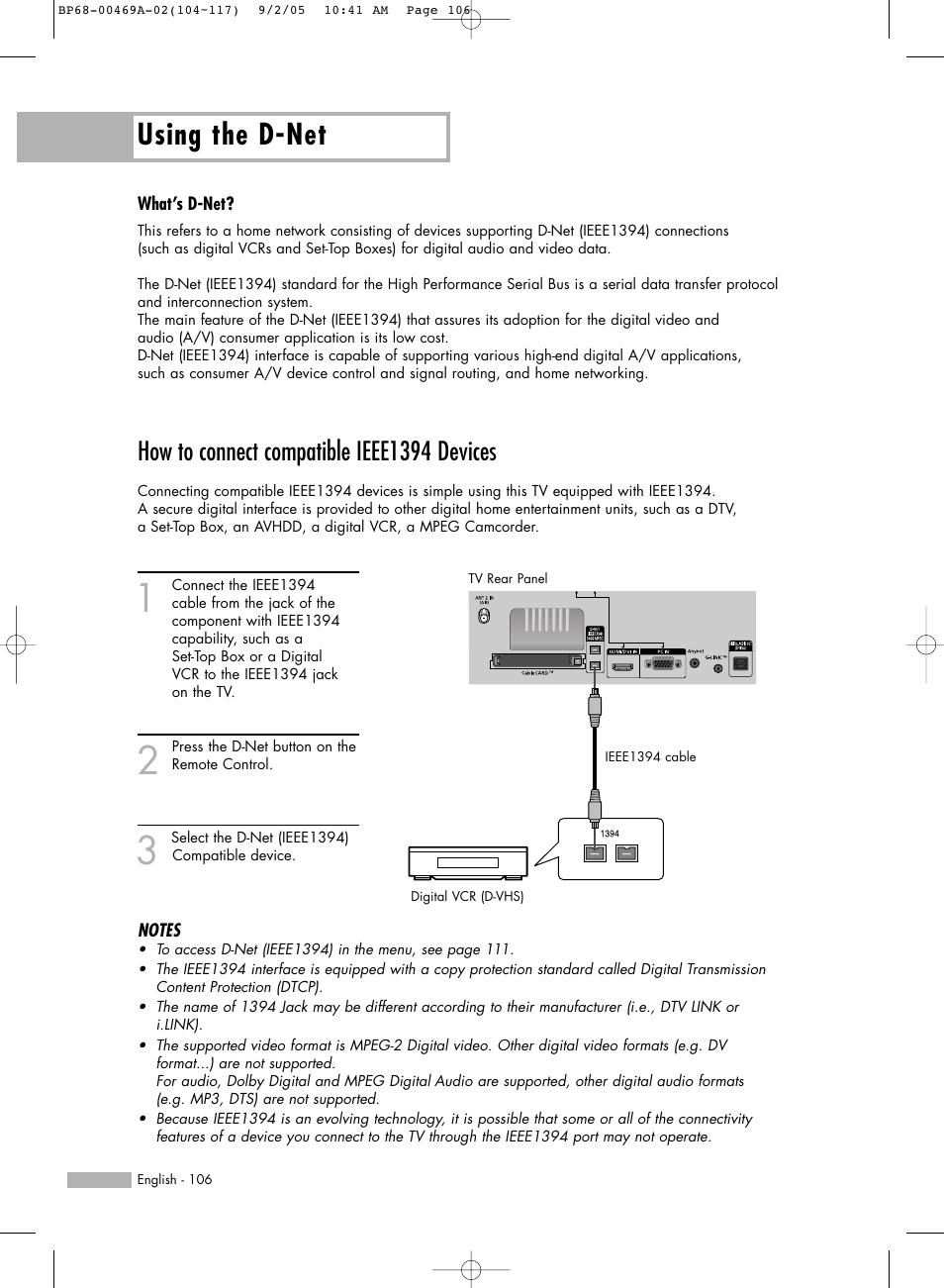 What’s d-net, How to connect compatible ieee1394 devices, Using the d-net | Samsung HL-R6167W User Manual | Page 106 / 136
