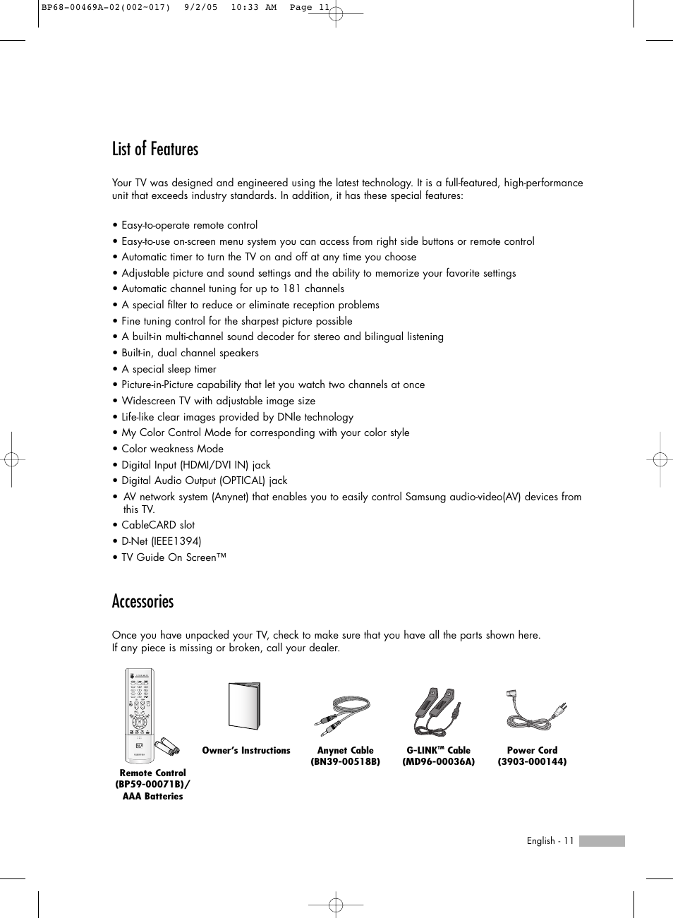 List of features, Accessories | Samsung HL-R6167W User Manual | Page 11 / 136