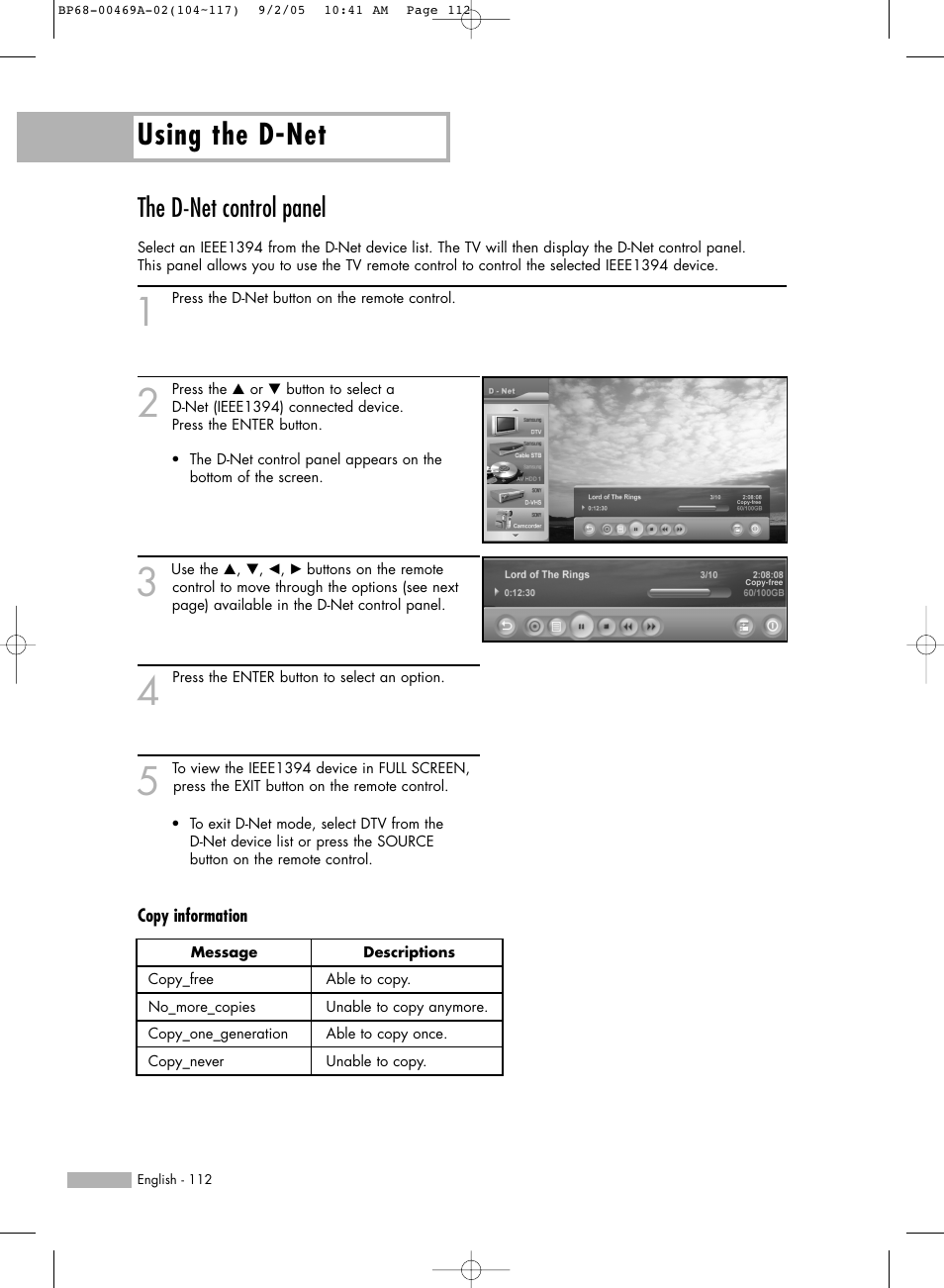 The d-net control panel, Using the d-net | Samsung HL-R6167W User Manual | Page 112 / 136