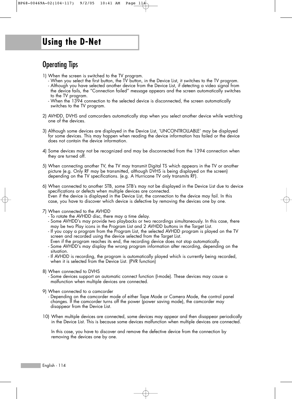 Operating tips, Using the d-net | Samsung HL-R6167W User Manual | Page 114 / 136
