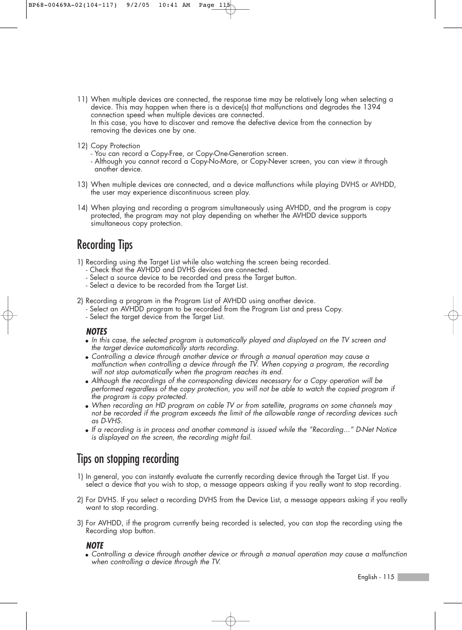 Recording tips, Tips on stopping recording | Samsung HL-R6167W User Manual | Page 115 / 136