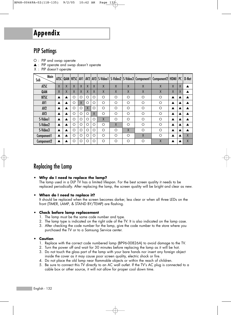 Pip settings, Replacing the lamp, Appendix | Samsung HL-R6167W User Manual | Page 132 / 136