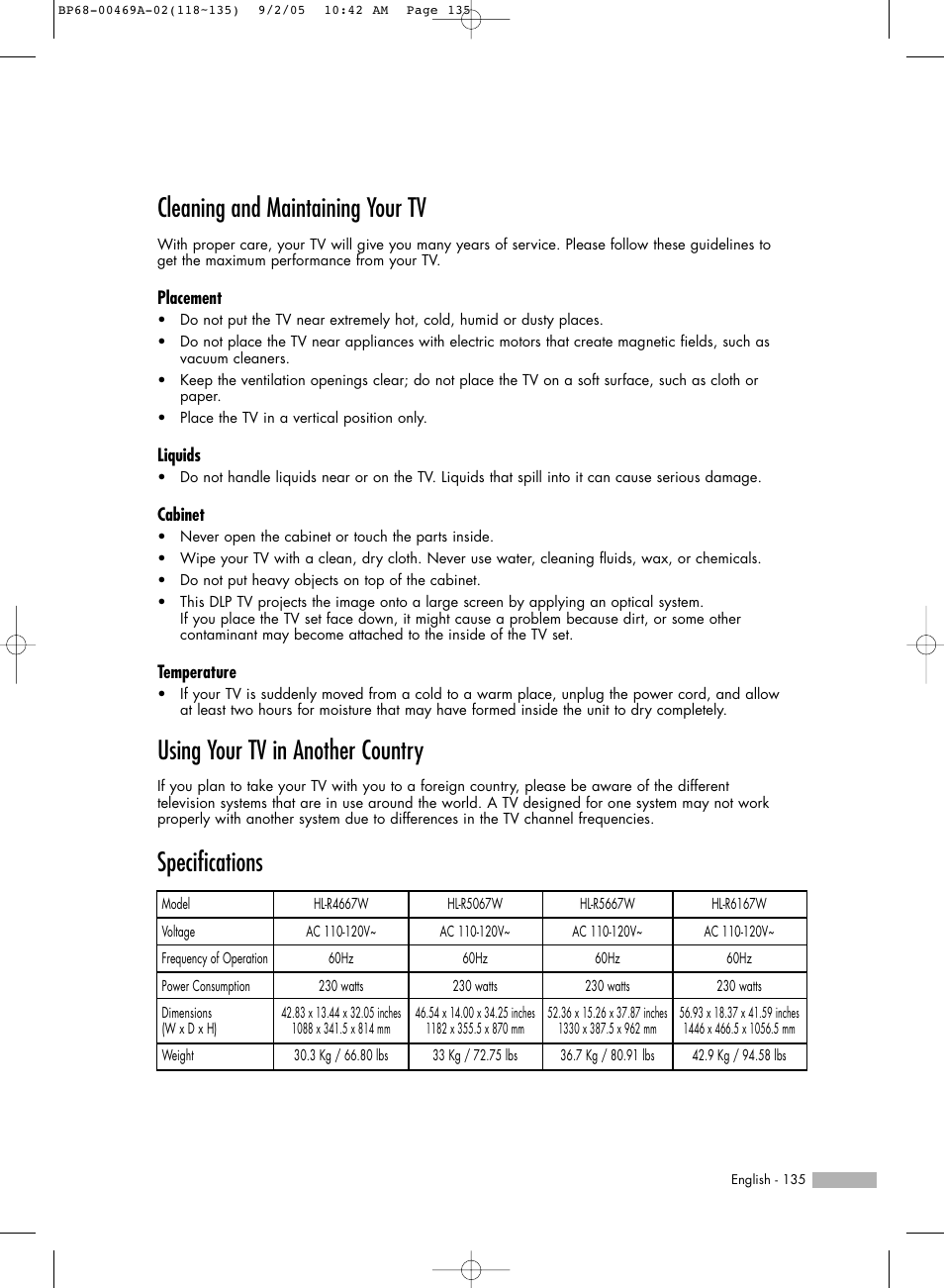 Cleaning and maintaining your tv, Using your tv in another country, Specifications | Samsung HL-R6167W User Manual | Page 135 / 136