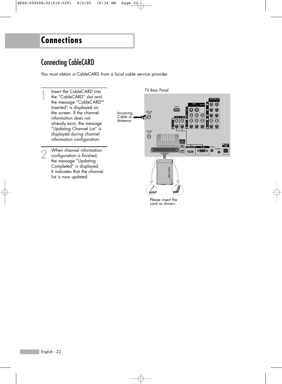 Connecting cablecard, Connections | Samsung HL-R6167W User Manual | Page 22 / 136