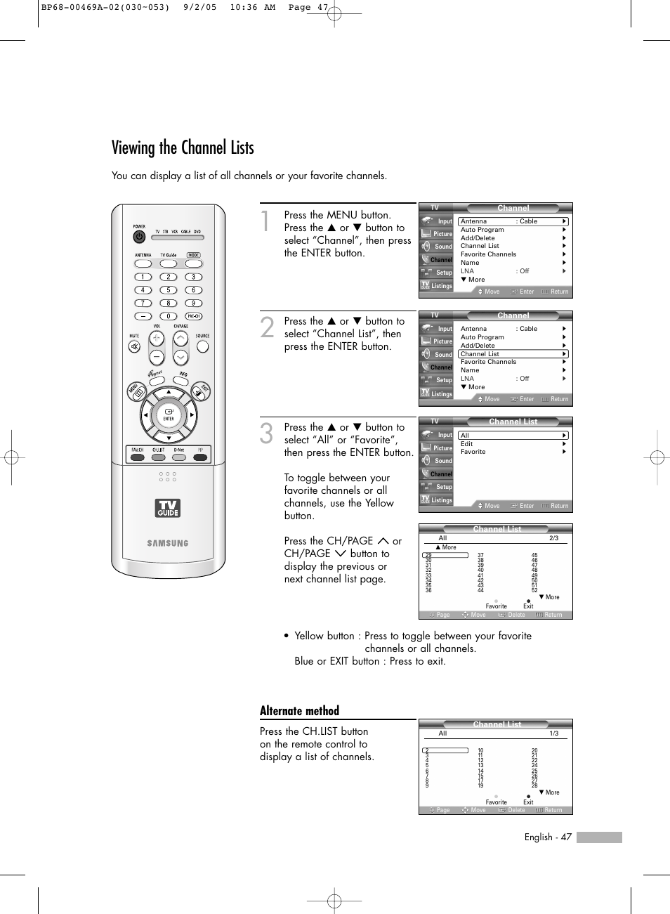 Viewing the channel lists, Alternate method | Samsung HL-R6167W User Manual | Page 47 / 136