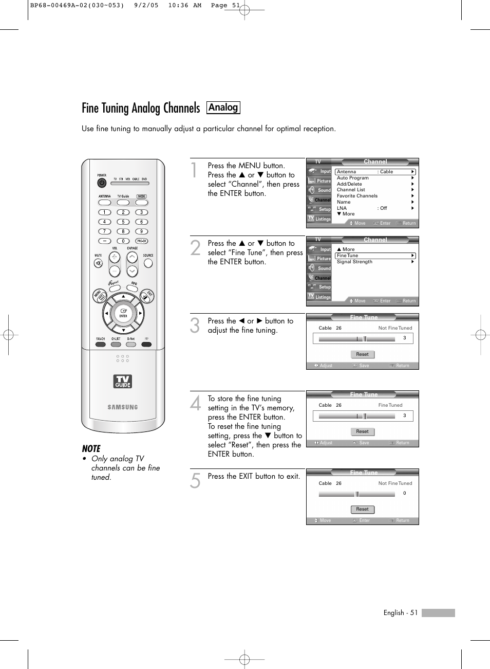 Fine tuning analog channels - analog, Fine tuning analog channels, Analog | Samsung HL-R6167W User Manual | Page 51 / 136